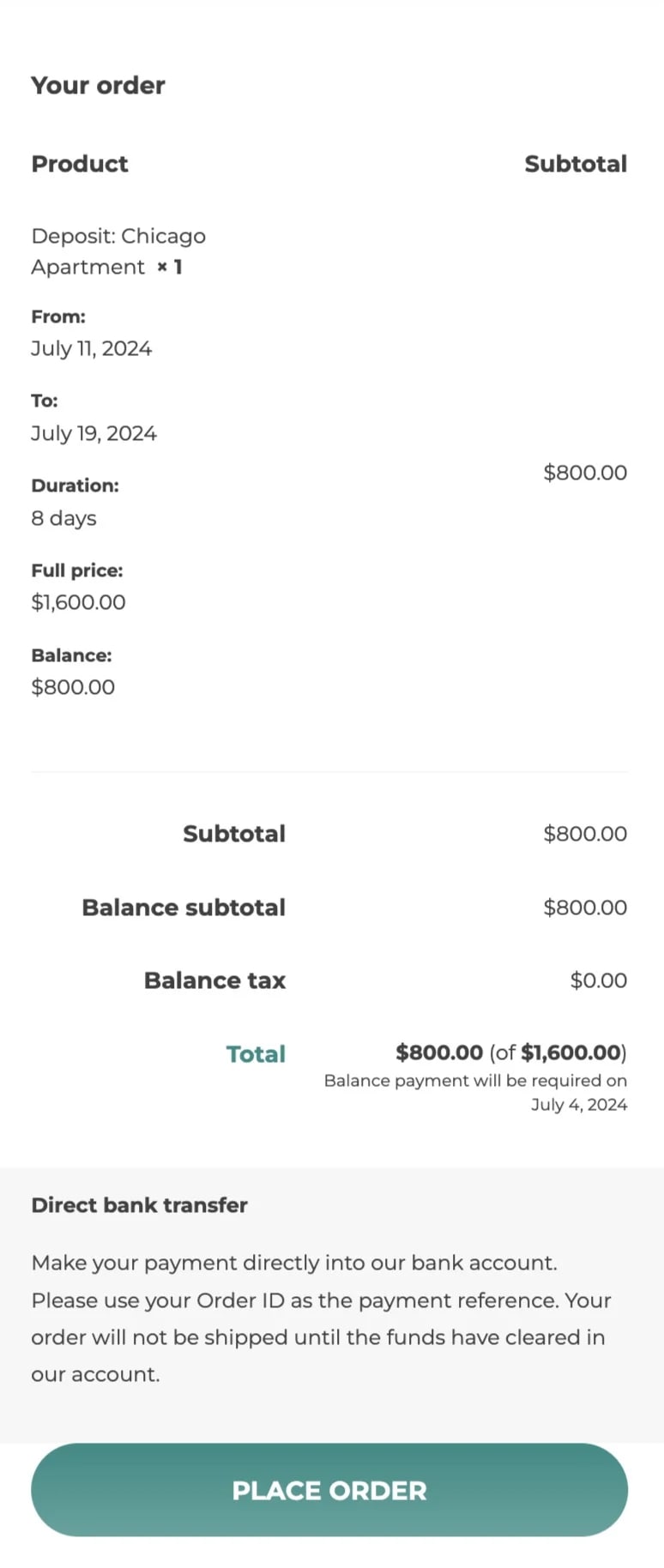 Booking with deposit - Checkout page